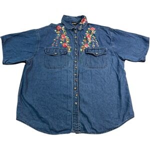 Lasha‎ Vintage Embroidered Floral Denim Shirt XL Short Sleeve Button Up